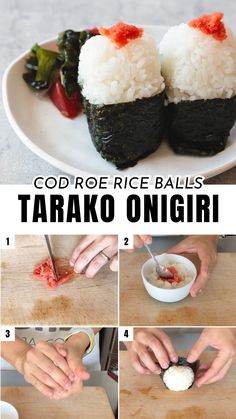 how to make rice balls in the shape of tarako onigiri with step by step instructions