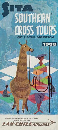 an advertisement for the southern cross tours with a llama and man holding a pole