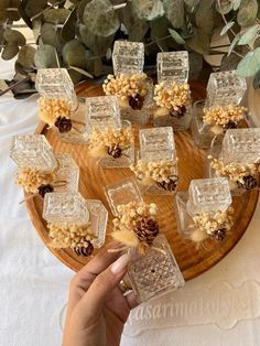 a person is holding some glass blocks with pine cones on them in front of a wooden platter