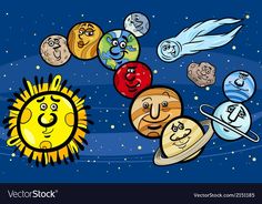 the solar system with cartoon faces and planets in space, illustration on blue background royalty illustration