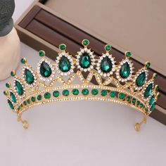 Gold Emerald Green Tiara Crown Princess Queen Headdress Taurus Gift Bridal Real Metal Cosplay Diadem Wedding Pageant Diamond Crown Dark, Princess Tiaras, Hair Accessories Crown, Bridal Crown Tiara, Crystal Wedding Tiaras, Crystal Crown Wedding, Crown Black, Gold Headpiece, Beautiful Tiaras