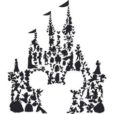 the silhouettes of disney and mickey mouse's castle are shown in this black and white illustration