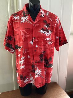 "Classic Hawaiian shirt, Made in Hawaii by Ali'i Fashions who have been making shirts since the 1940's . Fabulous graphics including a map. 100% cotton. Straight sides. Short sleeves. Left chest patch pocket.  Coconut shell buttons. Rear across shoulder seam with small pleats either side.  Bright crisp fabric. No faults. XL size Label.    Displayed on M mannequin with 38\" chest. The shirt measurements  are :- Chest  52\" Shoulders 22\"  Sleeve 11\" Length from base of collar 30\"" Island Palm Trees, Hawaii Usa, Coconut Shell, Making Shirts, New Hobbies, Hawaiian Shirt, Palm Trees, Hawaii, Short Sleeves