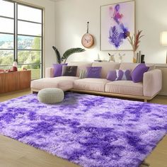 a living room filled with furniture and purple rugs