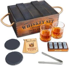 the whiskey set includes two glasses, an ice cube and three coasters