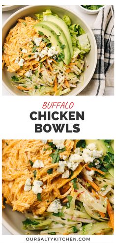 buffalo chicken bowls with shredded cheese, lettuce and avocado on top