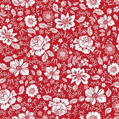 a red background with white flowers and leaves on the bottom right corner is an image of a flower pattern