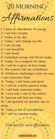 a yellow and black poster with the words 20 morning affirmations on it