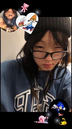 a girl wearing glasses and a beanie looks at her cell phone with an emoticive sticker above her head