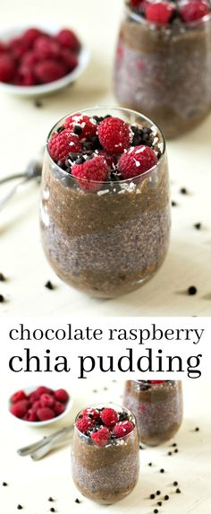 chocolate raspberry chia pudding in small glass bowls with spoons on the side