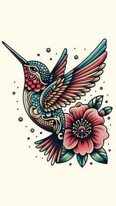 a humming bird with flowers on it's back