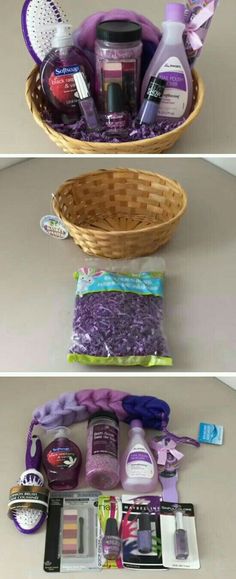 two baskets filled with different items on top of a table and one has purple hair