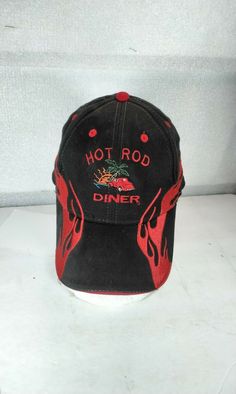 HOT ROD DINER HAT Quality RED/BLACK Vdlcro  adjustable  embroidered Man Cave HOT ROD cap. Retro Red Hats For Streetwear, Red Fitted Cap For Streetwear, Red Themed Cap Hat, Red Snapback Hat For Streetwear, Red Hip Hop Fitted Cap, I Wan, Fashion Cap, Hats Vintage