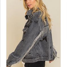 Oversized, Stunning Crystal Fringe, Perfect For A Wow Piece Or Special Occasion. New With Tags. Available Small , Medium , And Large Fall Relaxed Fit Denim Jacket With Frayed Hem, Fall Denim Jacket With Frayed Hem And Relaxed Fit, Black Denim Jacket With Frayed Hem, Black Outerwear With Frayed Hem For Spring, Frayed Hem Outerwear For Fall Streetwear, Fall Streetwear Outerwear With Frayed Hem, Oversized Winter Denim Jacket With Frayed Hem, Black Spring Outerwear With Frayed Hem, Oversized Denim Jacket With Frayed Hem For Winter