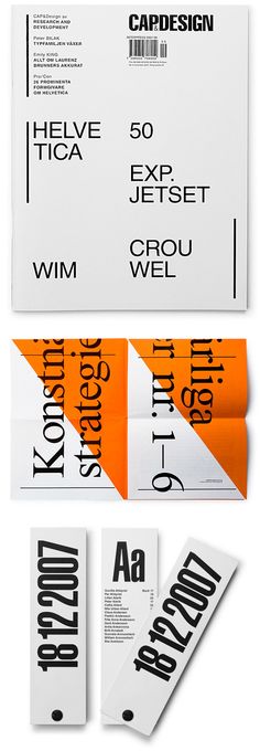 some type of business card with orange and white lettering on the front, and two different types