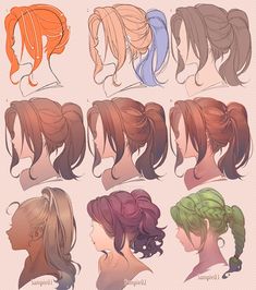 the different hairs styles for women with long hair and ponytails on top, in various colors