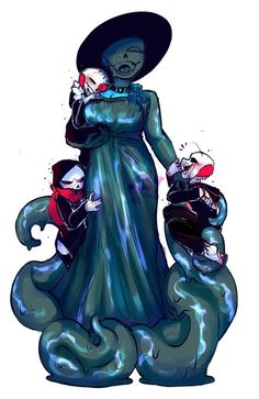 a drawing of a woman in a blue dress and hat with two children on her lap