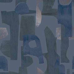 an abstract painting with blue and grey colors on it's surface, including letters