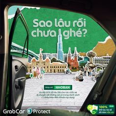 an advertisement is shown in the side mirror of a car with people walking around it