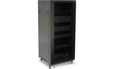 a black storage cabinet with wheels and shelves on each side, open to reveal the contents