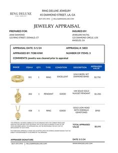 **THIS TEMPLATE IS COMPLETELY CUSTOMIZABLE & RE-USABLE ON CANVA** document size: 8.5x11 inches Enhance the professionalism and authenticity of your jewelry pieces with our customizable Jewelry Appraisal Report template. Designed specifically for jewelry business owners, this template allows you to easily create professional jewelry appraisals quickly and seamlessly.  Simply edit the template with your own information, such as your brand name, website and your jewelry piece specifications, and pr List Website, Price List Template, Customizable Jewelry, Jewelry Appraisal, Gold Nugget, Professional Jewelry, Circle Diamond, Report Template, Jewelry Business