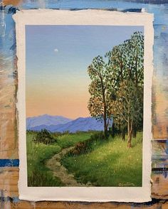 a painting of a path leading to a tree on a hill with mountains in the background