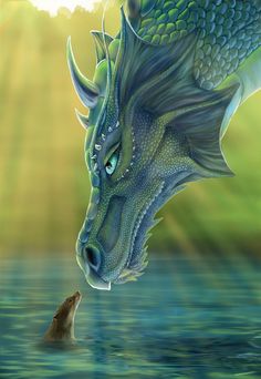 a painting of a blue dragon with its head in the water looking at a fish