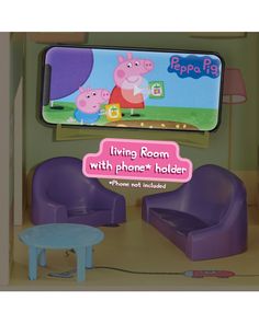 peppa pig living room with phone holder and purple chairs in front of the tv