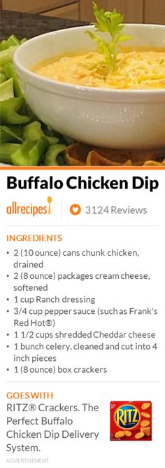 the recipe for buffalo chicken dip is shown