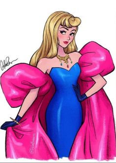 a drawing of a woman in a blue and pink dress