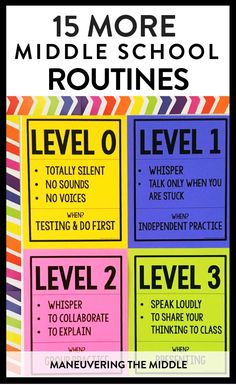 a poster with the words level 2, level 3 and level 4 written in different colors