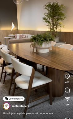 a dining room table with white chairs and a potted plant