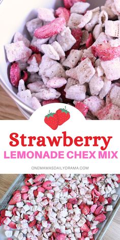 strawberry lemonade chex mix in a bowl with the title overlay above it