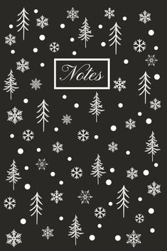 a black and white christmas card with snowflakes, trees and the word yes on it