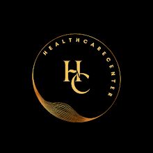 the health care center logo is shown in gold on a black background with an oval shape