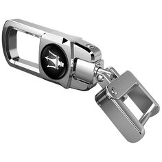 a metal keychain with a black and white design on it's side