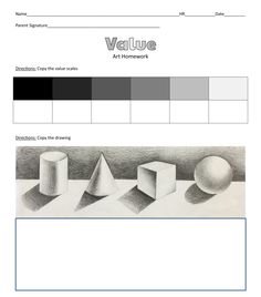 an art homework sheet with three different shapes and the words'value'on it