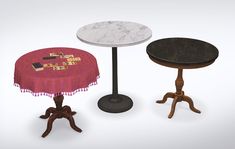 three tables with different designs and colors on them