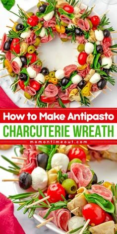 Looking for a show-stopping Superbowl party food idea? Try this Antipasto Charcuterie Wreath! An easy New Year appetizer idea with charcuterie skewers served with balsamic vinegar, olive oil, crackers, and baguette. It’s easy to serve and perfect for the holidays! Holiday Antipasto Wreath, Easy Antipasto Platter, Charcuterie Skewers, Charcuterie Wreath, Olive Oil Crackers, Antipasto Skewers, New Years Appetizers