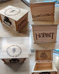 four wooden boxes with harry potter designs on them and the words'hobbit'written in black ink