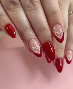 Red Chrome, Nail Designs Valentines, Basic Nails, Pearl Nails, Soft Nails, Heart Nails