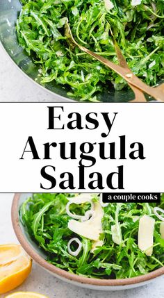 easy arugula salad with lemons and parmesan cheese in a bowl