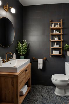 a bathroom with a toilet, sink, and shelf in it's corner next to a mirror