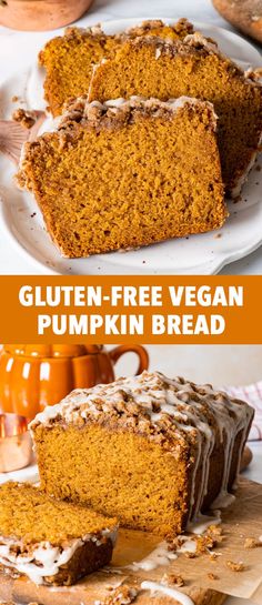 pumpkin bread is cut into slices and served on a plate