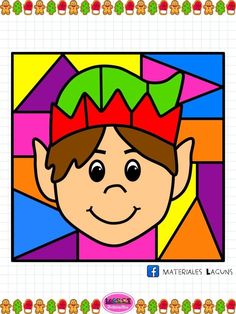 a child's face with a red bow on it, surrounded by colorful squares