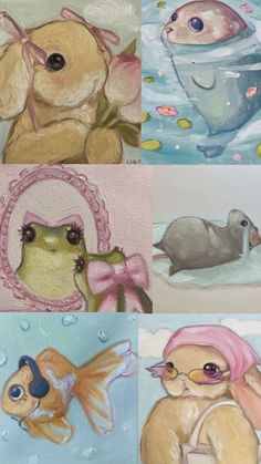 four different paintings of animals and fish in the water, one with a pink hat