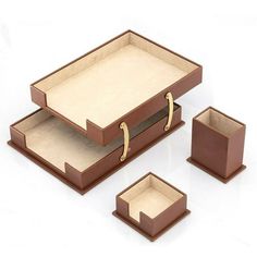 three pieces of wooden boxes with handles on each side and two smaller ones in the middle