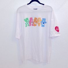 Care Bears X Romwe Collaboration White Short Sleeve Tee Shirt Colorful Care Bear Image On The Front Red Heart Care Bears Logo On Left Sleeve Never Worn, Nwt Size L P Casual White Print Short Sleeve Shirt, Cute White T-shirt For Streetwear, Cute White Tops For Streetwear, Fun White Top For Streetwear, Fun White Tops For Streetwear, Fun White Shirt For Streetwear, White Casual Tops With Funny Print, Casual White Tops With Funny Print, Fun White Short Sleeve Tops