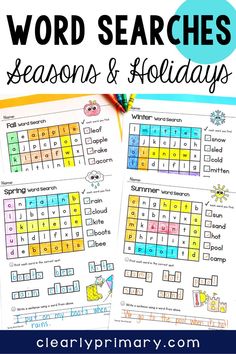 two printable christmas word search puzzles with the words seasons and holidays on them in blue,