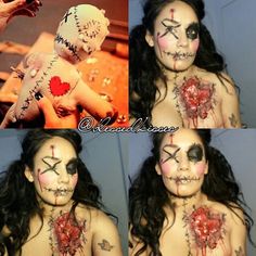 three pictures of a woman with makeup and body art